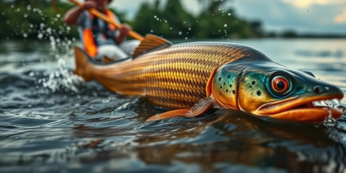 Pesca de pirarucu em lagos de pesca